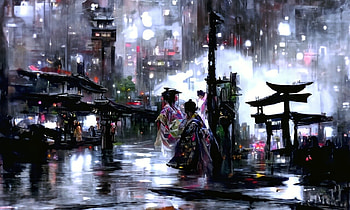 :), kimono, art, asian, fantasy, world, street, aivocado, people HD wallpaper