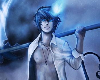 Okumura Rin, sexy, sword, art, blue hair, anime, cool, short hair, realistic, anime boy HD wallpaper