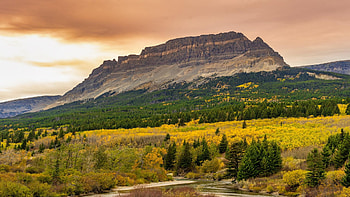 Glacier National Park East Entrance, Montana, autumn, trees, clouds, colors, sky, usa, mountain, sunset HD wallpaper