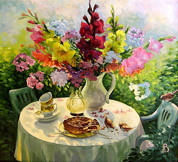 feathered guests , pie, songbirds, table, garden, vase, cups, chairs, saucers, flowers HD wallpaper