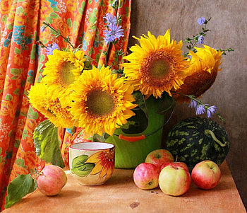 Sunflower and summer fruits - still life, natural, wild flowers, plants, colors, flavor, gift, sunflower, apples, sun, sunshine, golden, fruit basket, watermelon, cup, arrangement, summer, still life, yellow, nature, flowers, porcelain HD wallpaper