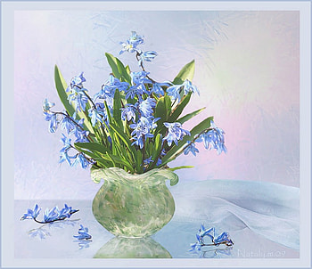 Blue Delight, blue, sheer cloth, painting, petals, vase, greenery, glass, flowers HD wallpaper