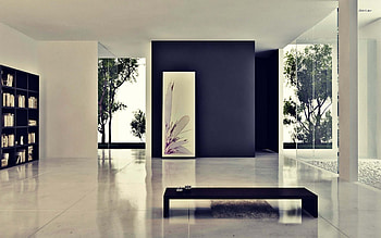 modern room, seat, shelf, room, art HD wallpaper