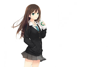 School Girl, skirt, blue eyes, unifrom, white background, frinking, long hair, anime girl, brown hair, lovely HD wallpaper