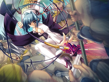 Chou'un, fighting, koihime musou, thigh highs, chouun, fight, blue hair, weapons, purple eyes, action, anime, waistband, spear, female HD wallpaper