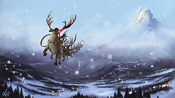 :-), blue, craciun, art, reindeer, fantasy, rudolf, christmas, sky, luminos, santa HD wallpaper