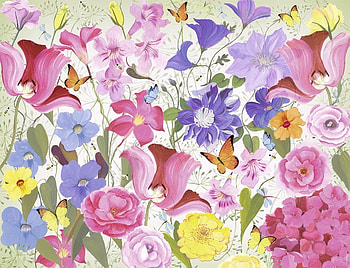 Texture, blue, pink, flower, yellow, paper, pattern HD wallpaper