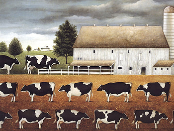 Cattle Farm, cows, painting, art, animals, farm, cattle, houses, domestic HD wallpaper