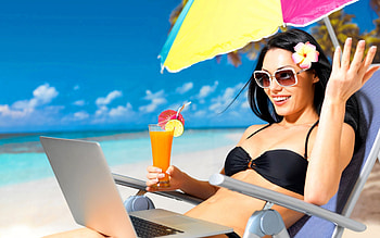 beach girl, notebook, umbrella, , , vacation, beach, sunglasses, laptob, ocean, sea, paradise, girl, woman, summer, SkyPhoenixX1, clouds, sky, drink HD wallpaper
