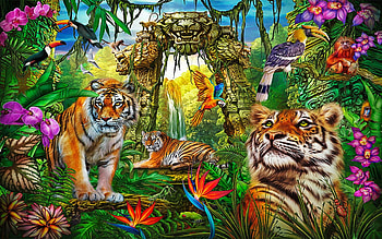 Jungle Tiger Ruins, birds, digital, parrots, art, toucans, cats HD wallpaper