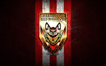 Chattanooga Red Wolves FC, golden logo, USL League One, red metal background, american soccer club, Chattanooga Red Wolves logo, soccer, Chattanooga Red Wolves HD wallpaper