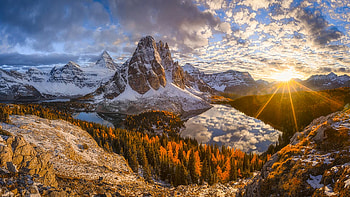 Mount Assiniboine at the time of sunset, trees, clouds, landscape, autumn, sky, canada, sunset, british columbia, fall, snow HD wallpaper