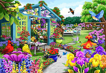 Birdsong - Path to the Greenhouse, artwork, birds, painting, trees, colors, garden, flowers HD wallpaper
