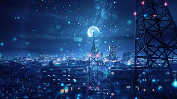 Blue Night Big Moon Anime Scenery , anime, night, scenery HD wallpaper