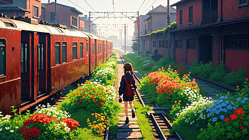 Girl Walking Along Flower Lined Tracks, artist, artwork, digital-art, ai HD wallpaper