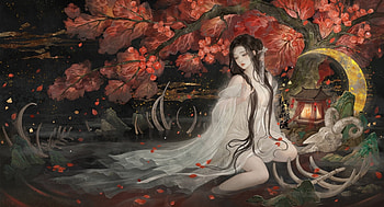 Autumn night, night, bones, frumusete, asian, suisui, gorgeous, girl, superb, fantasy, moon, red, autumn, luna, leaf HD wallpaper
