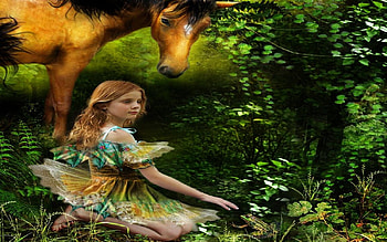 Little fairy of the forest, horse, art, girl, frog, little, fairy, fantasy, nature, forest HD wallpaper