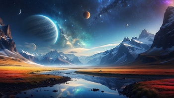 Northern Lights and Planets in Space, Northern Lights, planet, space, mountain, snow, Snowy Mountain HD wallpaper