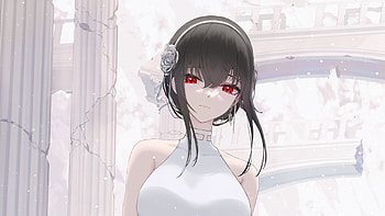Red Eyes Yor Forger With White Dress Building Background Spy x Family HD wallpaper