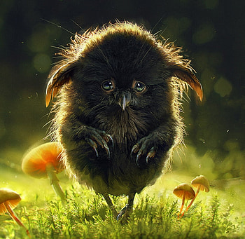 Kenku, black, fantasy, green, anna podedworna, cute, creature, mushroom HD wallpaper
