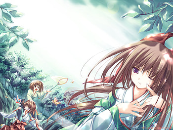 Anime girl, kimono, butterfly, tear, cute, sky, water HD wallpaper