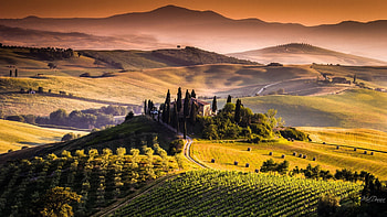 Tuscany Sunset, estate, Italy, country, crops, fields, hay, sky, wine country, mountains, sunset HD wallpaper