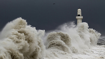 Preview storm, tempest, lighthouse, sky, birds, waves HD wallpaper