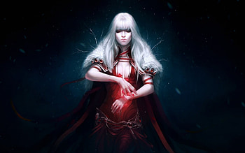 Fantasy girl, blue, sorceress, black, blonde, girl, woman, fantasy, flower, magical, red, game HD wallpaper
