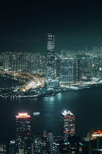 Cities, Rivers, Building, View From Above, Night City, Hong Kong, Hong Kong S.a.r HD phone wallpaper