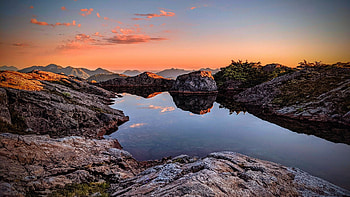 Alpenglow alpine tarn - Tahsish-Kwois Provincial Park, Vancouver Island, BC, reflection, colors, sky, canada, water, rocks, lake HD wallpaper