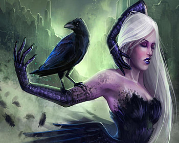 Crow Witch, black, crow, white hair, transforming, woman HD wallpaper