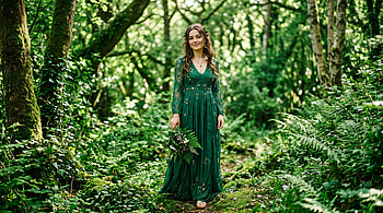Emerald Forest Muse —, Woman, Forest, Green Dress, Bouquet HD wallpaper
