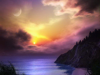 Hazy eve, blue water, cliffs, golden sky, clouds, trees, haze, water, sunset HD wallpaper