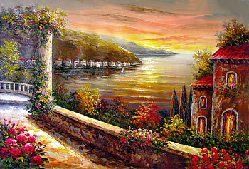 Seascape, sea, art, town, house, mediterranean, beautiful, sunrise, summer, rest, painting, view, sky, village, sunset HD wallpaper