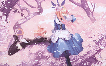 trees, Anime Girls, Cat Ears, Cherry Blossom, Dress, Anime, Alice In Wonderland / and Mobile Backgrounds HD wallpaper