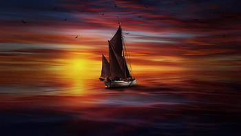 Boat Sunlight Sea Colorful, boat, sky, art, colorful, birds, artwork HD wallpaper