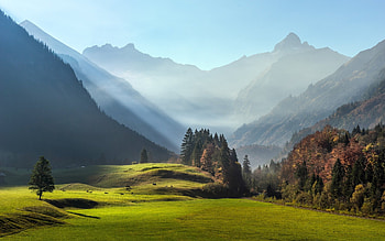 Morning in Bavaria, mist, Bavaria, mountains, Germany HD wallpaper