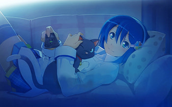Madobe Nanami, animal, bed, cat, sleeping, pillow, kawaii, kawaiiremote, blush, prt HD wallpaper