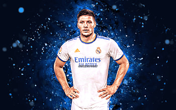 Luka Jovic, , 2021, Real Madrid FC, serbian footballers, La Liga, blue neon lights, soccer, football, Real Madrid CF, LaLiga, Luka Jovic , Luka Jovic Real Madrid HD wallpaper