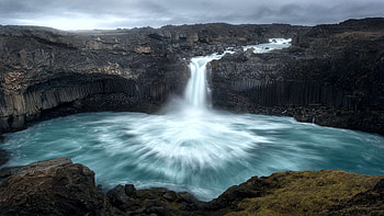 Aldeyjarfoss Waterfall, in North-Iceland, clouds, landscape, sky, rocks, water, River HD wallpaper