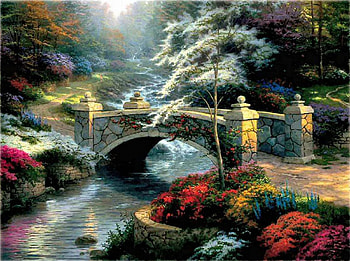 Bridge of Hope, creek, painting, trees, flowers, parl, water HD wallpaper