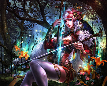 Hourai, blue, masaki768, girl, orange, woman, fantasy, flower, game, legend of the cryptids, forest HD wallpaper