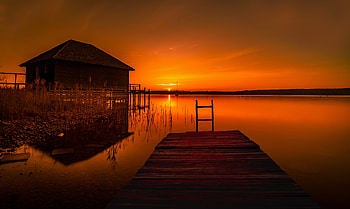 House At Pier Lake, pier, lake, nature, house, evening HD wallpaper