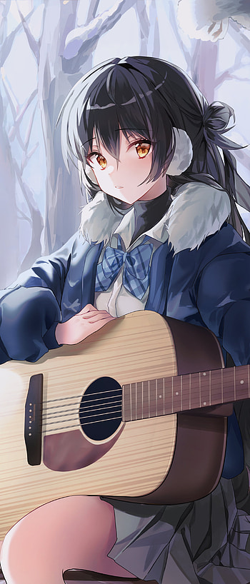 Snowbound Serenade: Black‑Haired Schoolgirl with Guitar — Anime , school uniform, guitar, black hair, Anime, girl, anime girl HD phone wallpaper