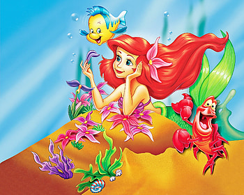 The Little Mermaid (1989), starfish, blue, colorful, crab, mermaid, animation, movie, fish, water, ariel, the little mermaid, girl, disney, orange, pink, redhead, princess HD wallpaper