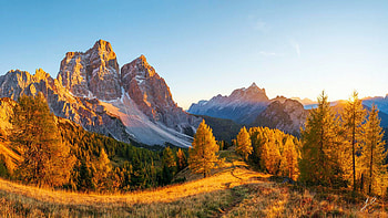 Autumnal sunset under the mount Pelmo, Zoldo valley - Italy, leaves, dolomites, alps, fall, trees, colors HD wallpaper