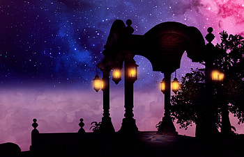 Fantasy, yellow lamp-post, silhouette, art HD wallpaper