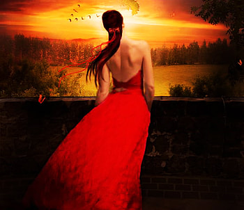 My balcony, birds, 3d, woman, sunset HD wallpaper