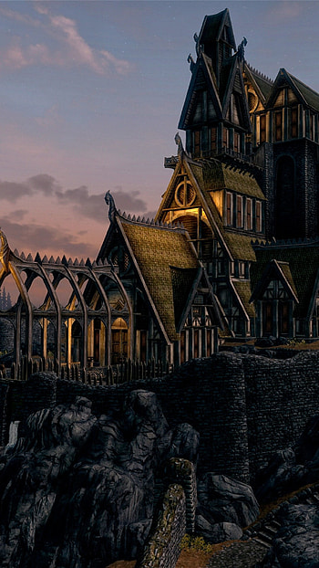 skyrim, buildings, mountains, night HD phone wallpaper