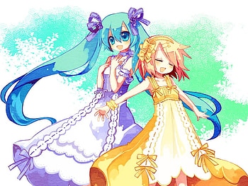 Miku & Rin, blue, hatsune miku, pigtails, rin, cute, vocaloid, twin tails, miku hatsune, miku, vocaloids, rin kagamine, yellow, kagamine rin HD wallpaper